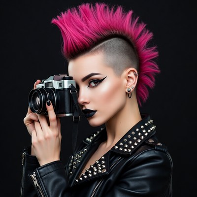 Woman with pink mohawk holding camera