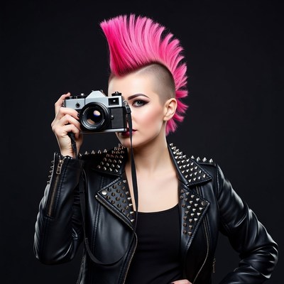 Punk woman with pink mohawk holding camera