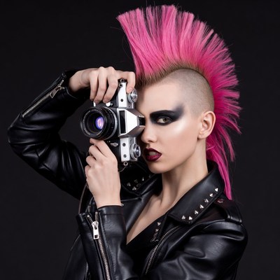Punk woman with pink mohawk holding camera