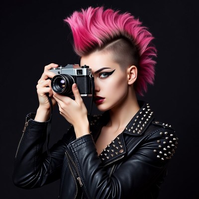 Woman with pink mohawk holding camera