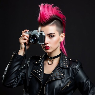 Punk woman holding vintage camera