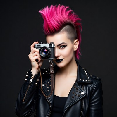 Woman with pink mohawk holding camera