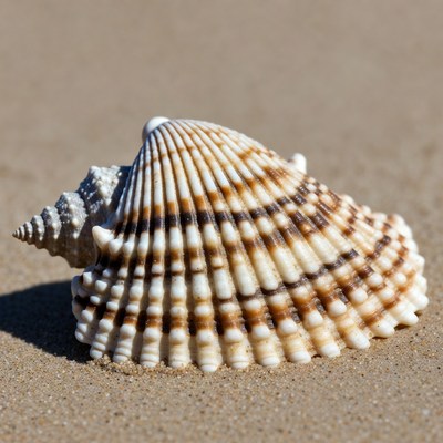 White striped seashell on sand
