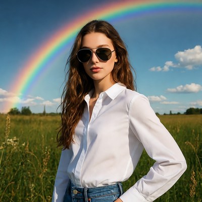 Woman with sunglasses and rainbow