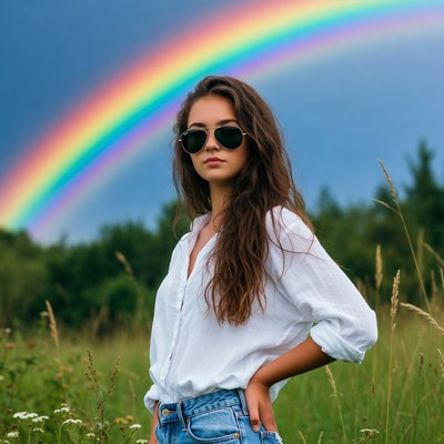 Woman with sunglasses and rainbow