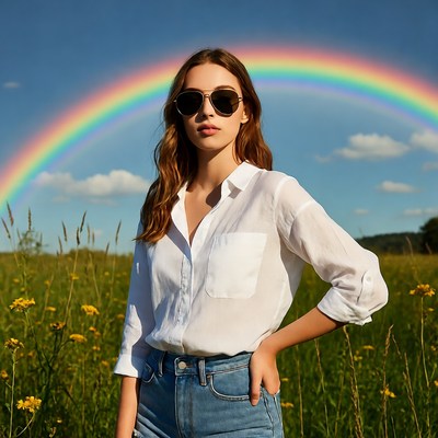 Woman with sunglasses under rainbow