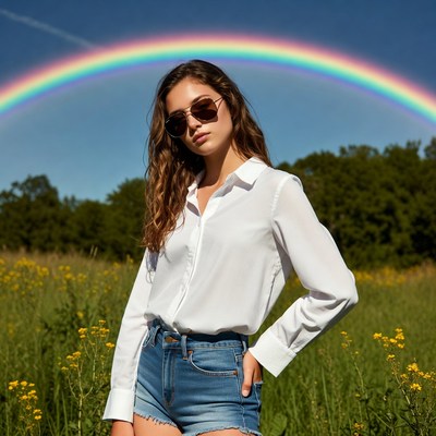 Woman with sunglasses under rainbow