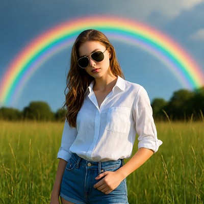 Woman with sunglasses and rainbow in field