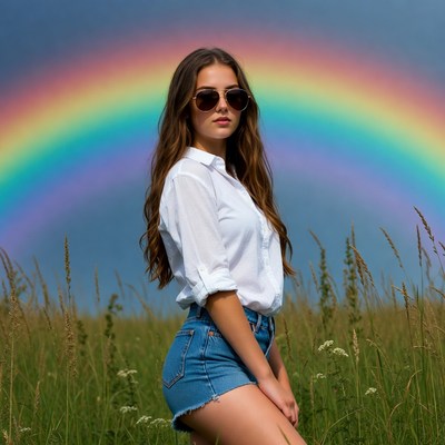 Woman with sunglasses and rainbow in grass