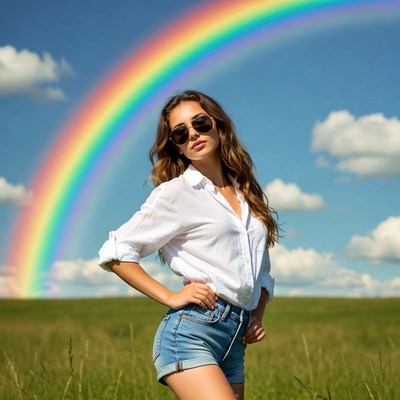 Woman with rainbow in field