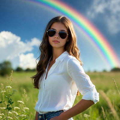 Woman with sunglasses and rainbow