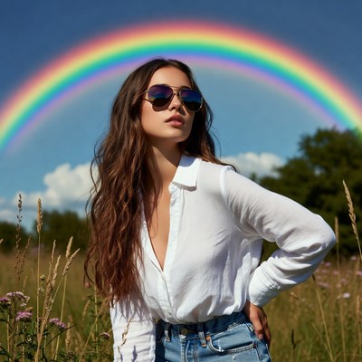 Woman with rainbow sunglasses in field