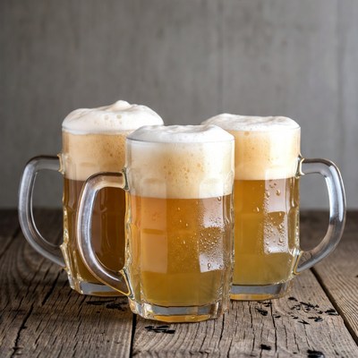 Three frothy beer mugs