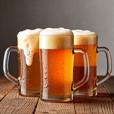 Three foaming beer mugs on wood