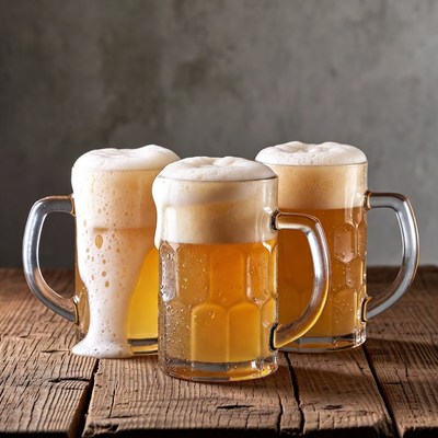 Three frothy beer mugs on wood