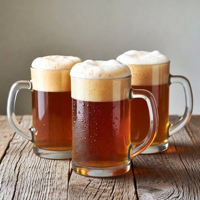 Three frothy beer mugs on wood