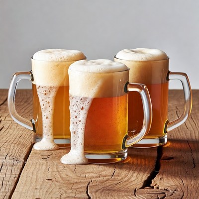 Three foaming beer mugs on wood