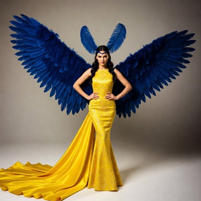 Woman with blue feather wings in yellow gown