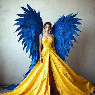Woman with blue paper angel wings