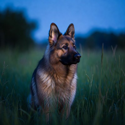 German Shepherd in evening grass