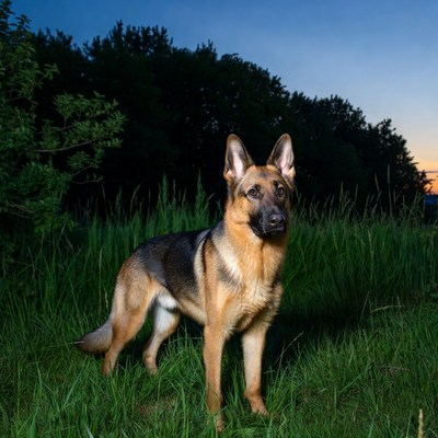 German Shepherd standing in grass at dusk