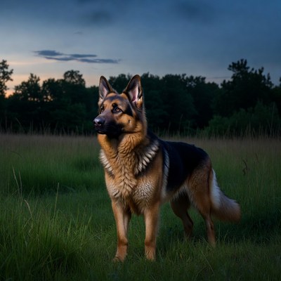 German Shepherd standing in sunset field