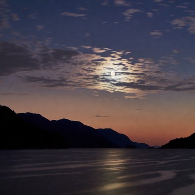Moon over mountains and lake