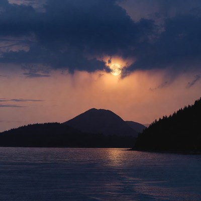 Full Moon Over Mountain and Lake