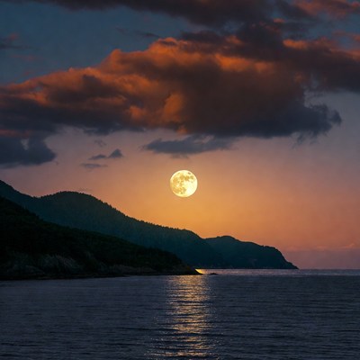 Full Moon Rising Over Mountains and Sea
