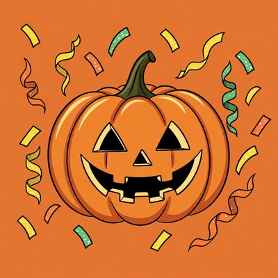 Smiling Jack-o'-lantern with confetti