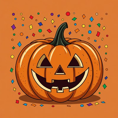 Smiling Jack-o'-lantern with confetti