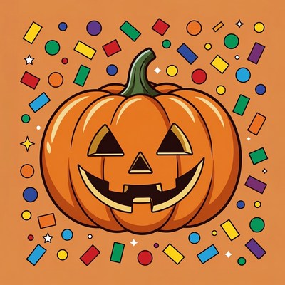 Smiling Jack-o'-lantern with colorful confetti