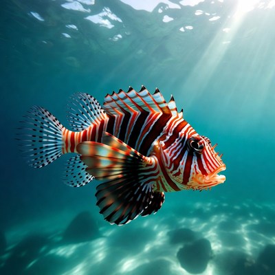Lionfish swimming underwater with sun rays