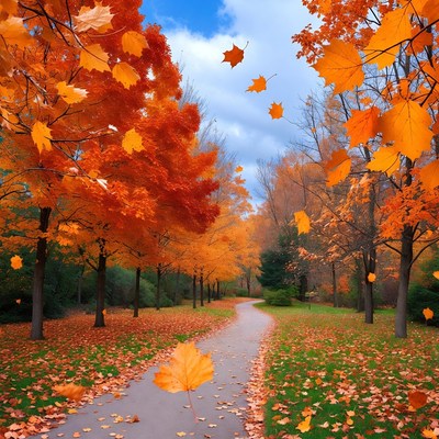 Autumn Path with Falling Orange Leaves