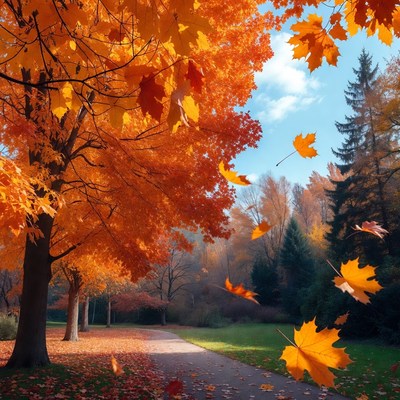 Autumn Trees with Falling Orange Leaves