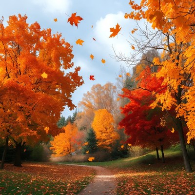 Autumn Path with Falling Maple Leaves