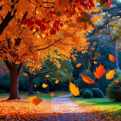 Autumn Path with Falling Orange Leaves