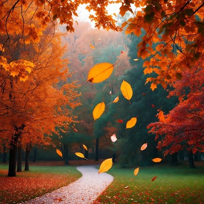 Autumn Forest Path with Falling Leaves