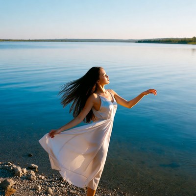 Woman in white dress by lake