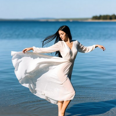 Woman dancing in white dress by lake