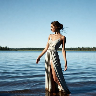 Woman in white dress wading in lake