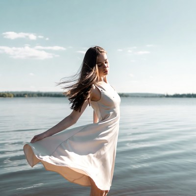 Woman in white dress by lake