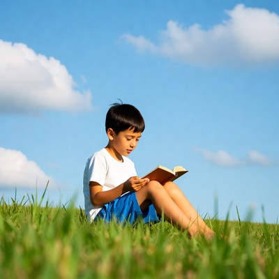 Young boy reading book on grass