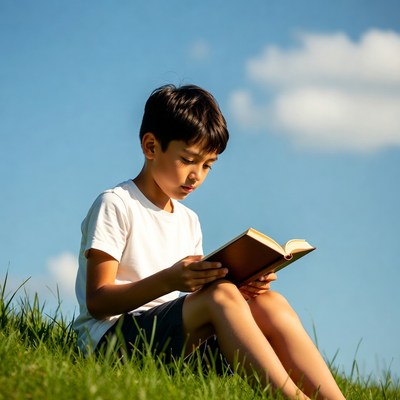 Young boy reading book on grass