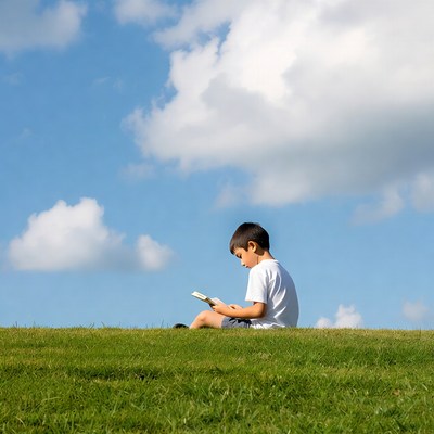 Young Asian boy reading book on grass
