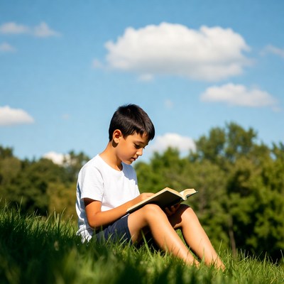 Boy reading book on grass