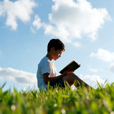 Boy reading book in grass
