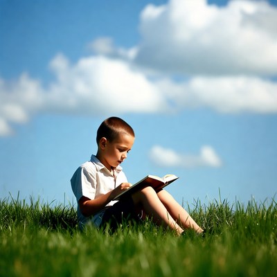 Boy reading book on grass