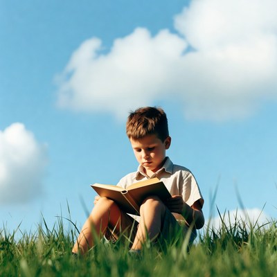 Boy reading book in grass