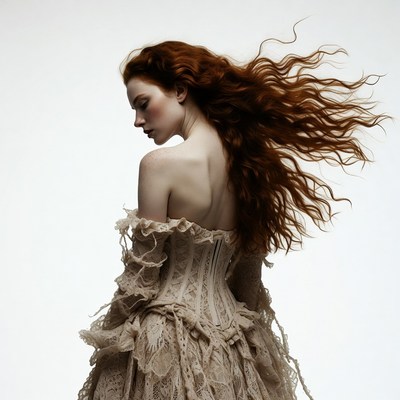 Woman with flowing red hair in lace dress
